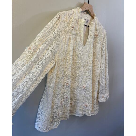 John Mark Lace Pearl Beaded Embroidered Ruffle Collar Top XLarge Cream Coastal - Picture 4 of 9